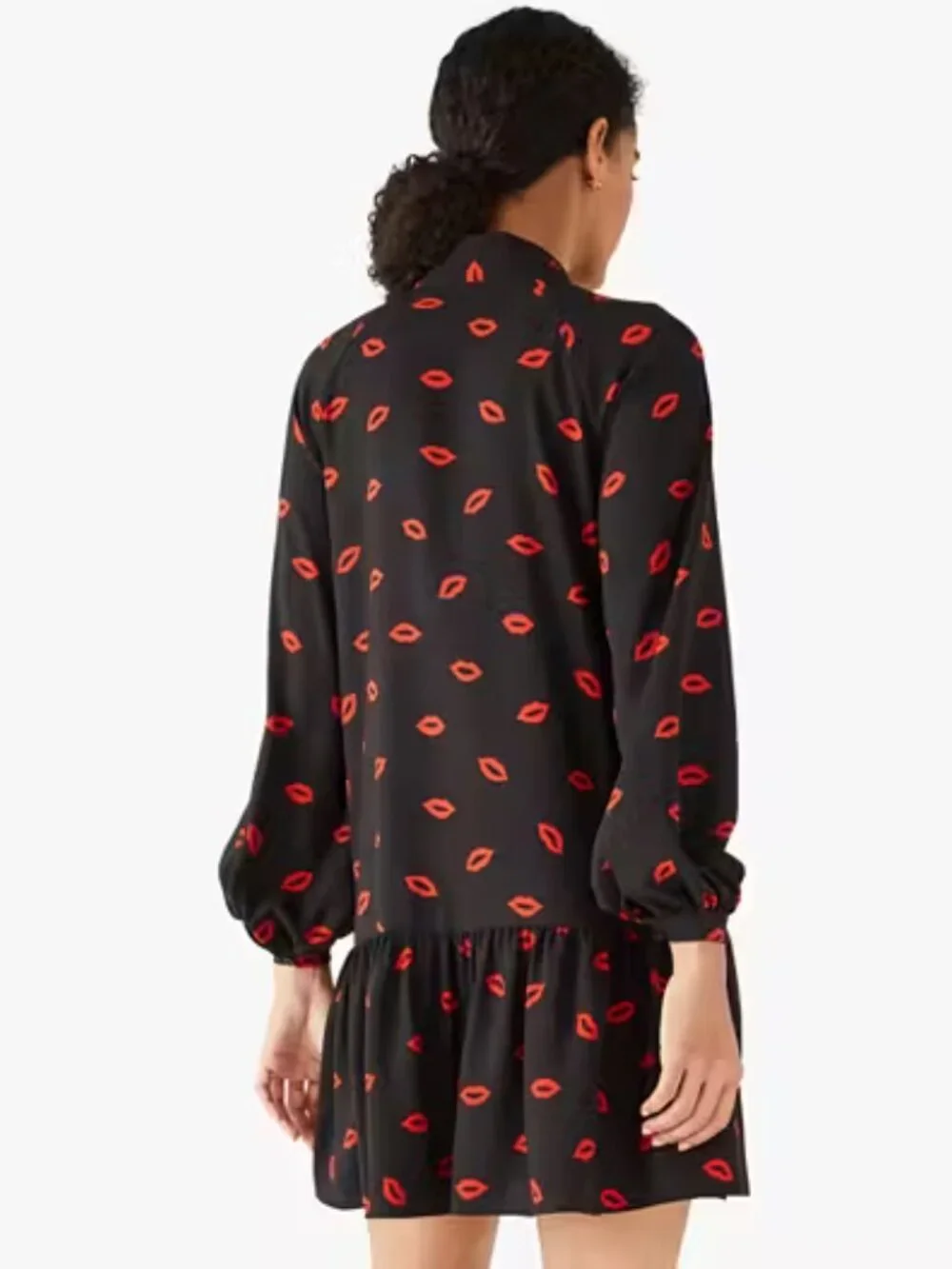 Kate Spade Kisses Lips Tie Neck Shift Dress Mini Long Sleeve Crepe Black Medium